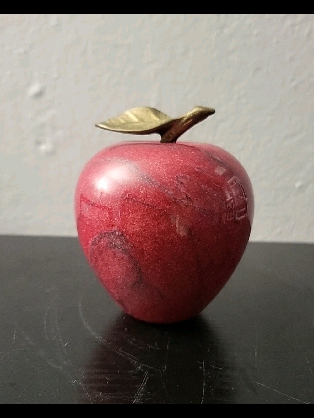 Vintage Red Marble Apple Paperweight Brass Stem Leaf Desk Decor